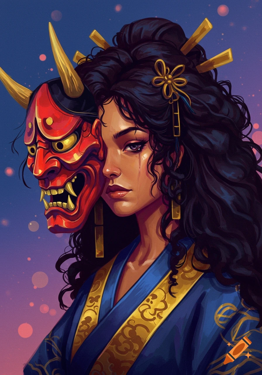 Stylized portrait of a woman holding a red Japanese Oni mask, wearing a blue and gold kimono.