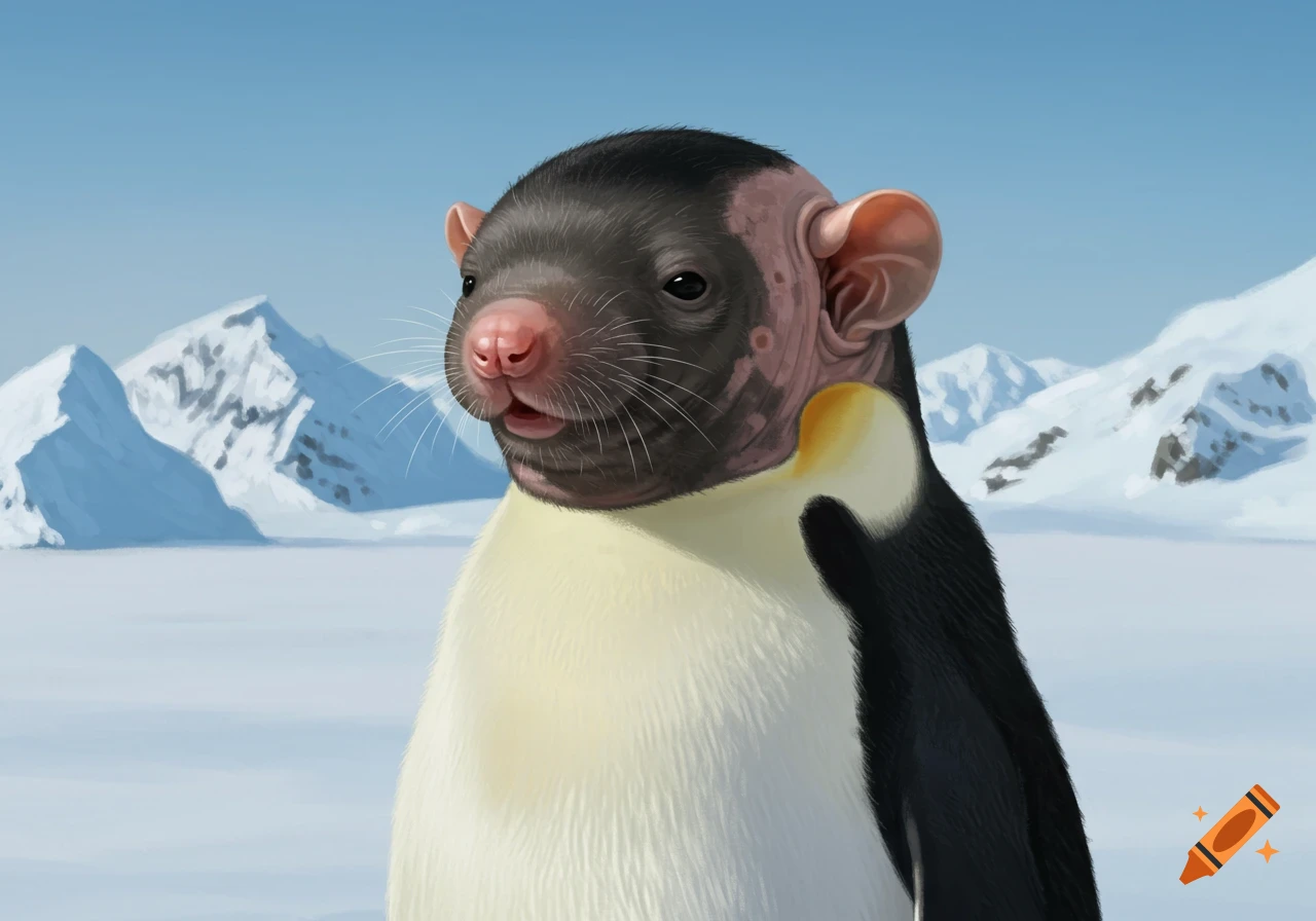A hybrid creature with a mole rat head and a penguin body stands in a snowy landscape.