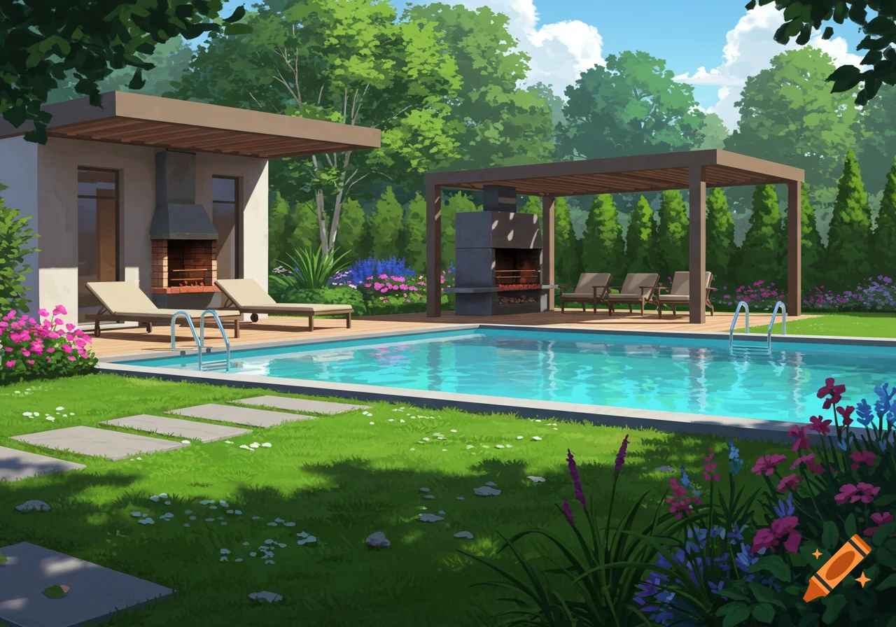 Illustrative view of a modern garden with a swimming pool, patio, and barbeque.