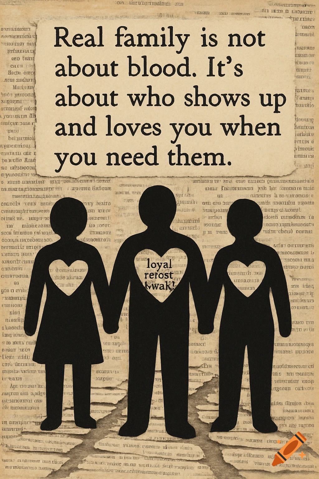 Silhouette paper cutout of three figures holding hands against a textured background of ripped book pages. The figures have heart cutouts on their chests. Text at the top reads 'Real family is not about blood. It’s about who shows up and loves you when you need them.'