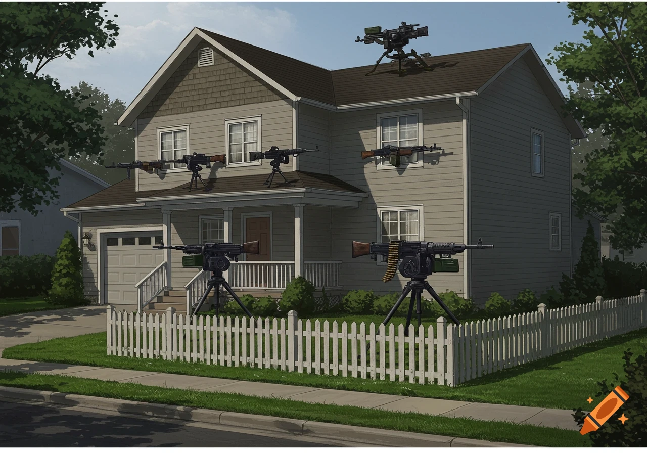 A suburban house is fortified with multiple machine guns mounted on the roof, walls, and yard.