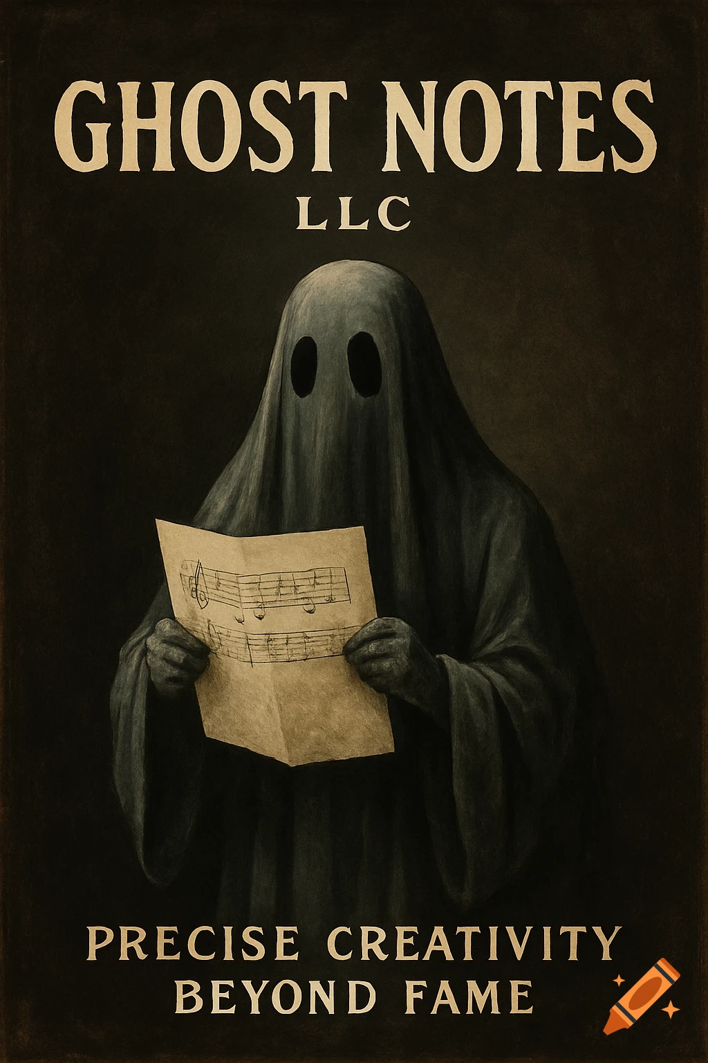 Dark art of a ghost holding sheet music with the text 'GHOST NOTES LLC' and 'PRECISE CREATIVITY BEYOND FAME'.