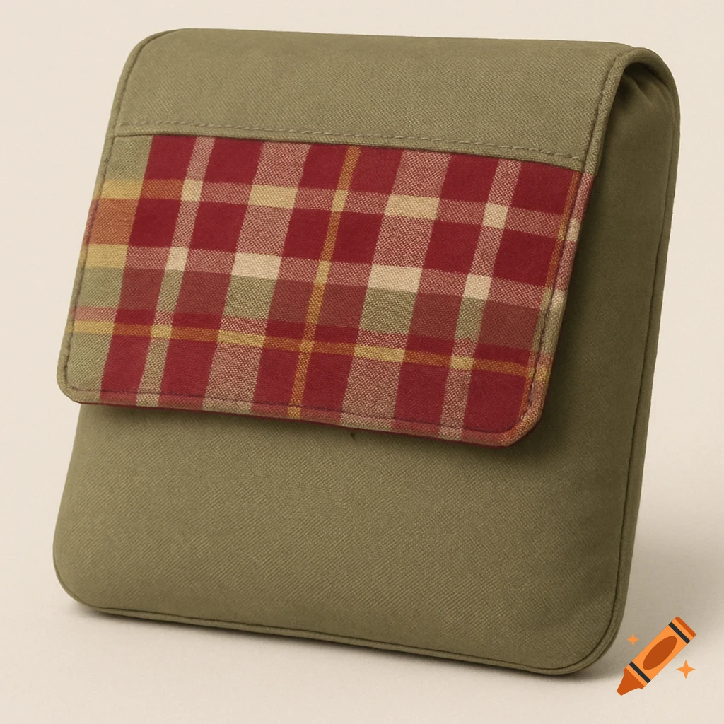 A khaki cushion with a red and gold plaid flap.