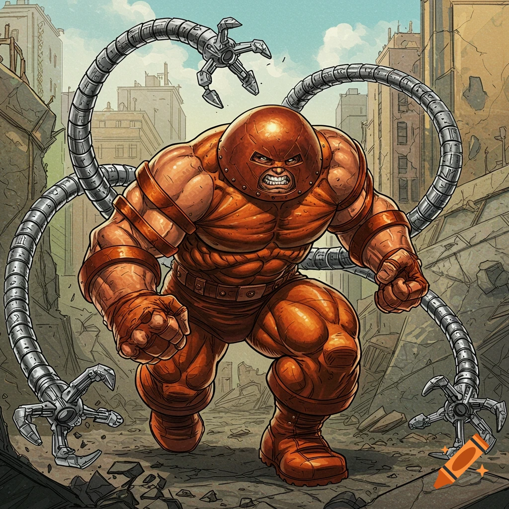 Juggernaut with Doc Ock arms standing in a destroyed city in comic book art style.