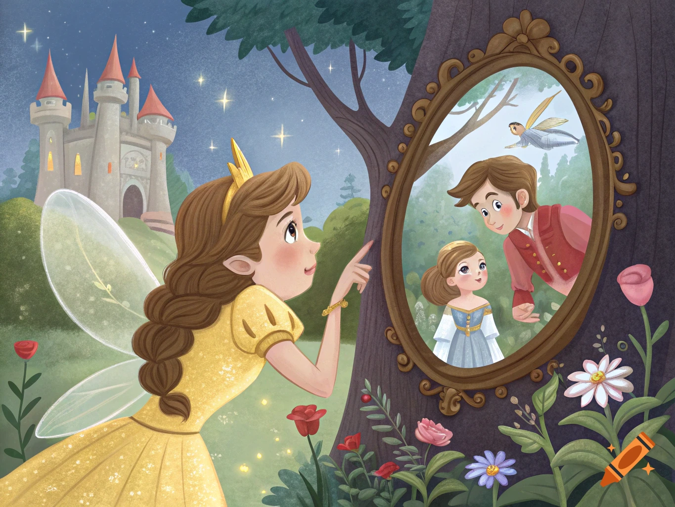 Fairy points at magic mirror showing girl and boy reflection, castle in background, forest setting, illustration.