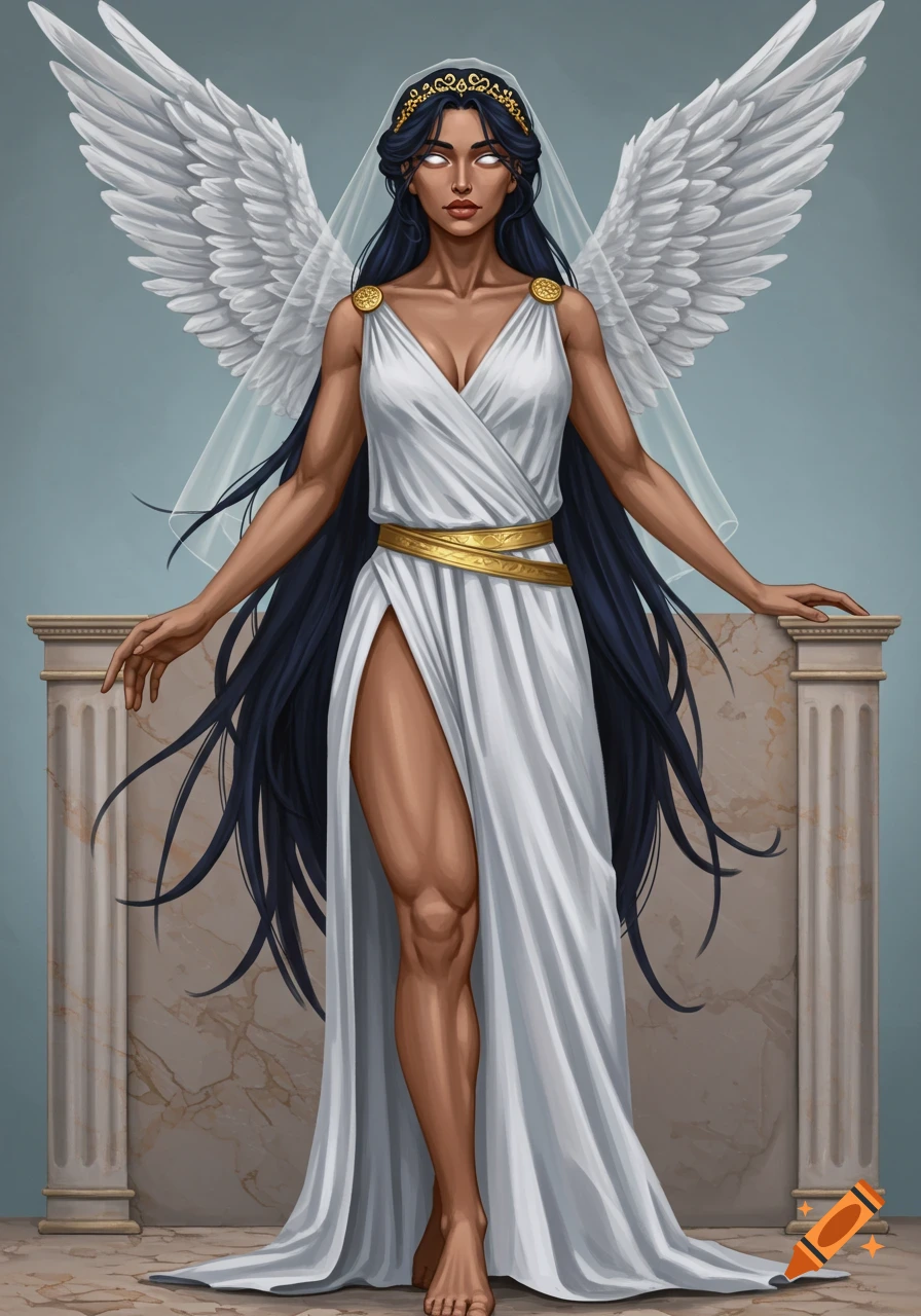 Illustration of a winged woman in a white Greek dress standing between pillars.