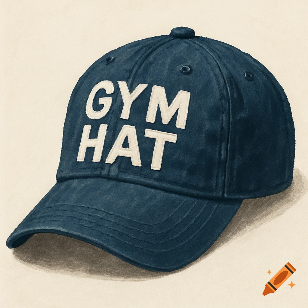 A dark blue baseball cap with white letters spelling 'GYM HAT'.