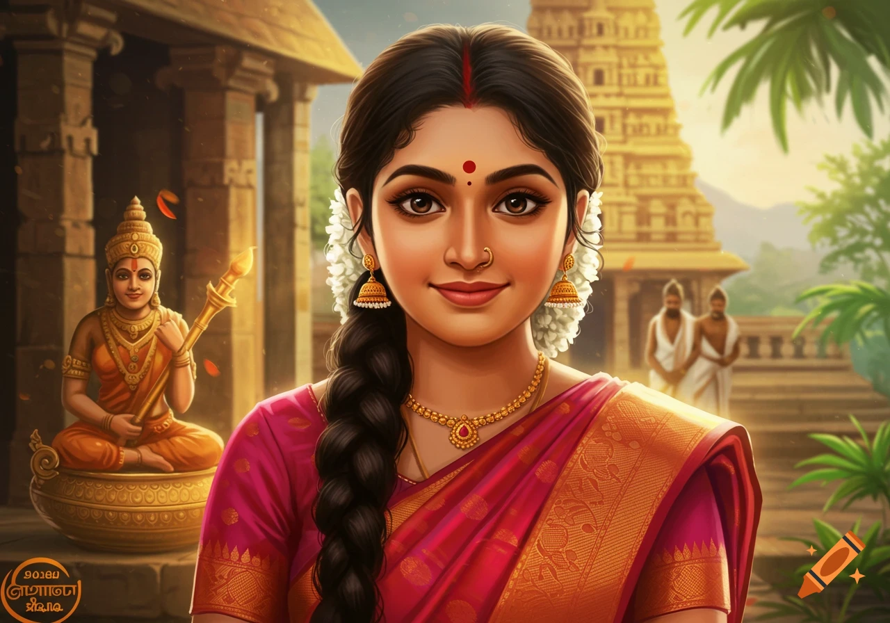 A close-up portrait of a young Indian woman in a pink and gold saree, with a temple and statue in the background.
