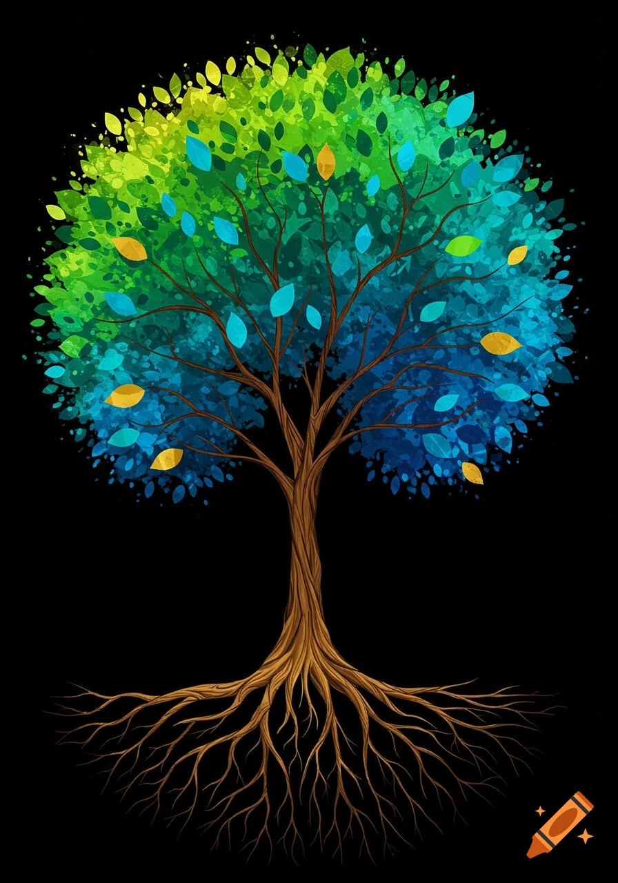 Stylized illustration of a tree with blue, green, and yellow leaves and visible roots on a black background.