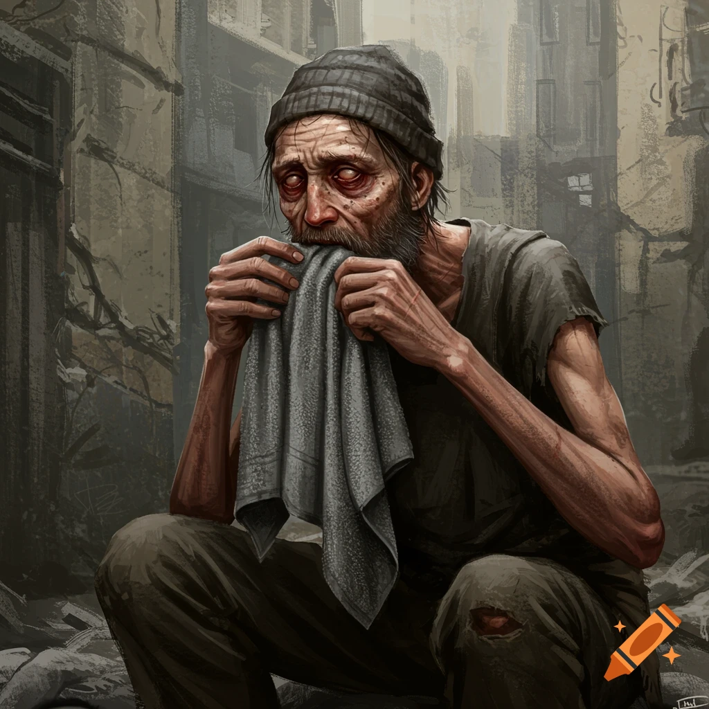 Digital painting of a sad, gaunt person in a beanie holding a towel in a ruined city.