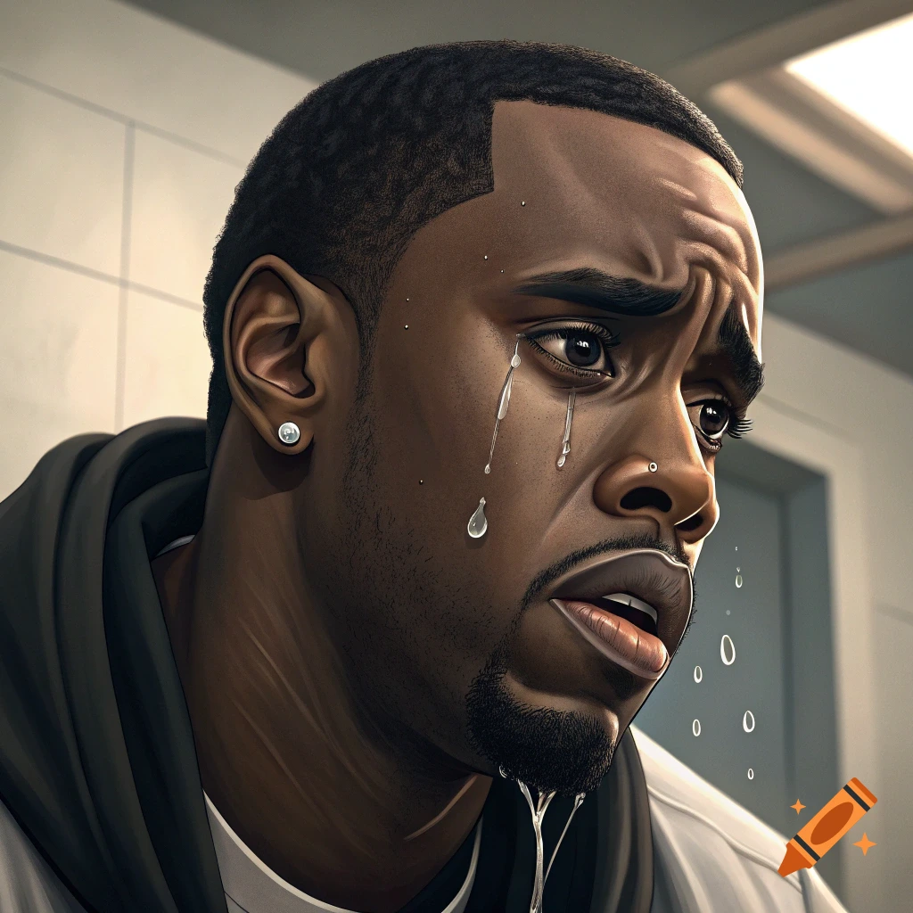Close-up portrait of a Black man crying, with tears streaming down his face.