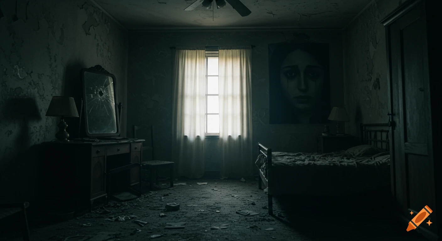 A dimly lit, abandoned room with dusty furniture, a broken mirror, and a large portrait of a person with sad eyes.