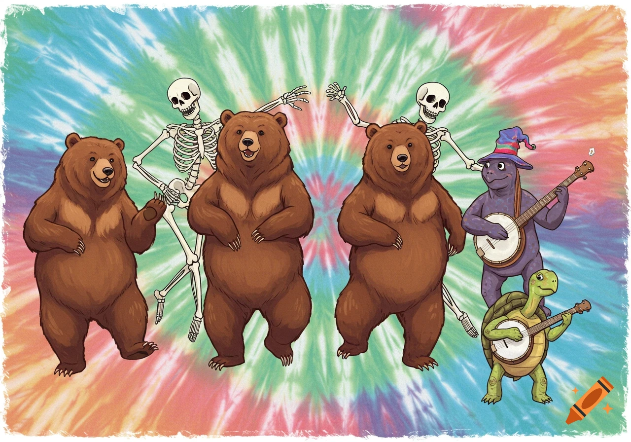 Three cartoon bears and two skeletons dance on a tie-dye background while a turtle and purple creature play banjos.