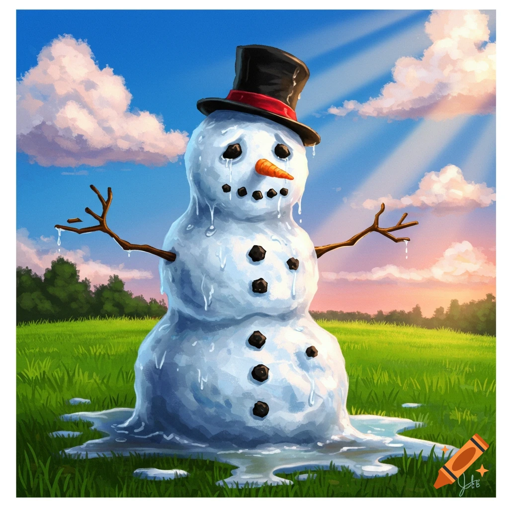 A melting snowman in a top hat stands in a sunny field under a cloudy sky in an illustration.