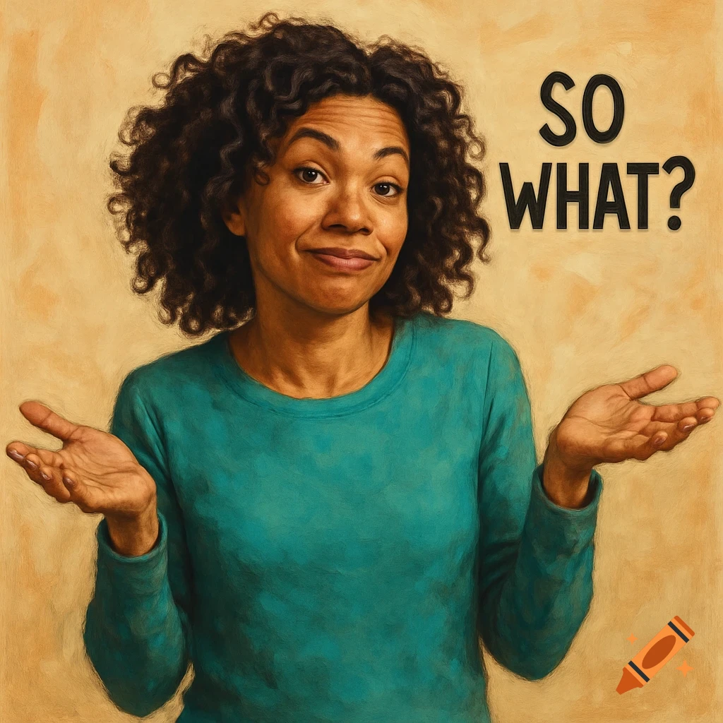 Painting of a woman with curly hair shrugging with the text SO WHAT?