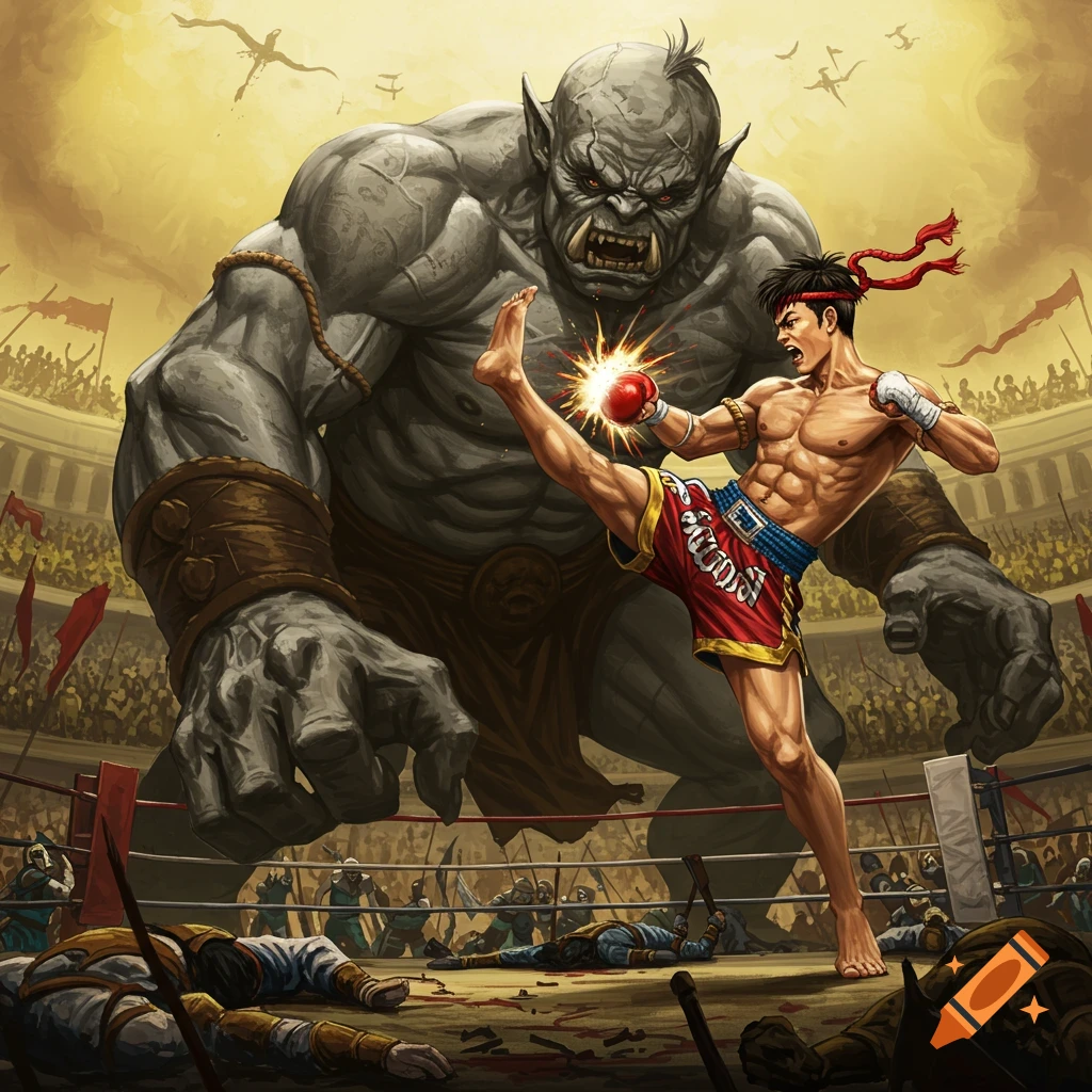 Muay Thai fighter kicks giant in gladiatorial arena with fallen figures