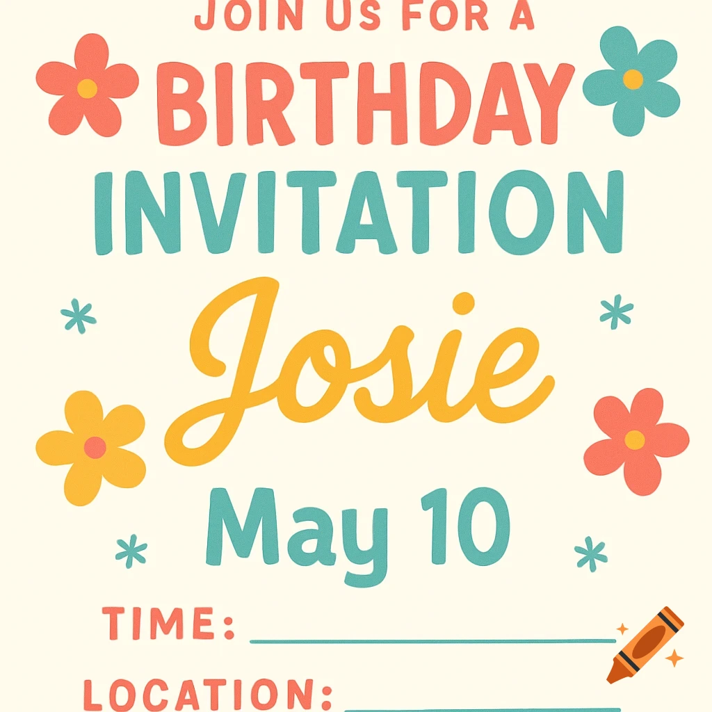 Birthday invitation for Josie on May 10 with flowers.