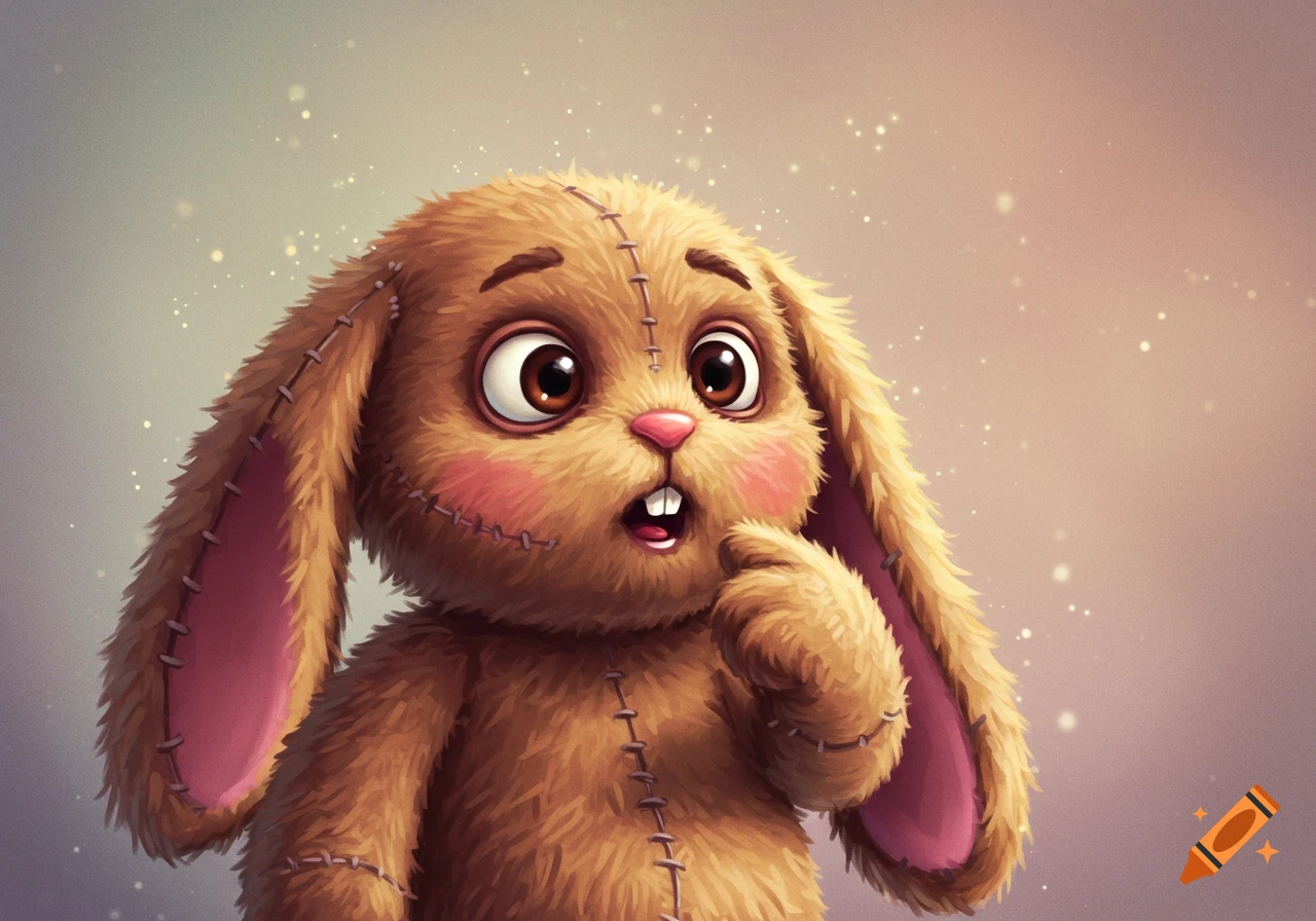 Close-up illustration of a surprised stuffed rabbit