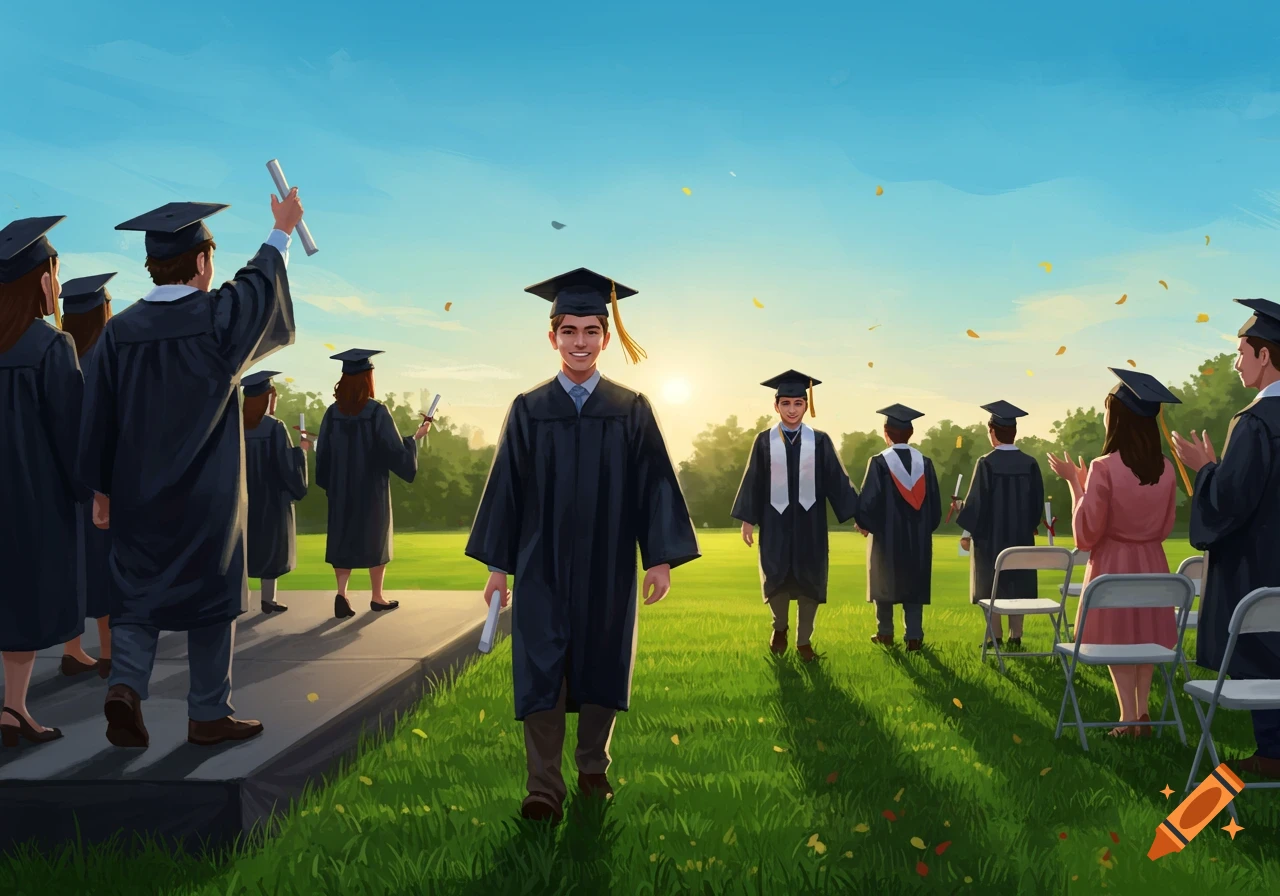 Graduation ceremony with people in caps and gowns outdoors