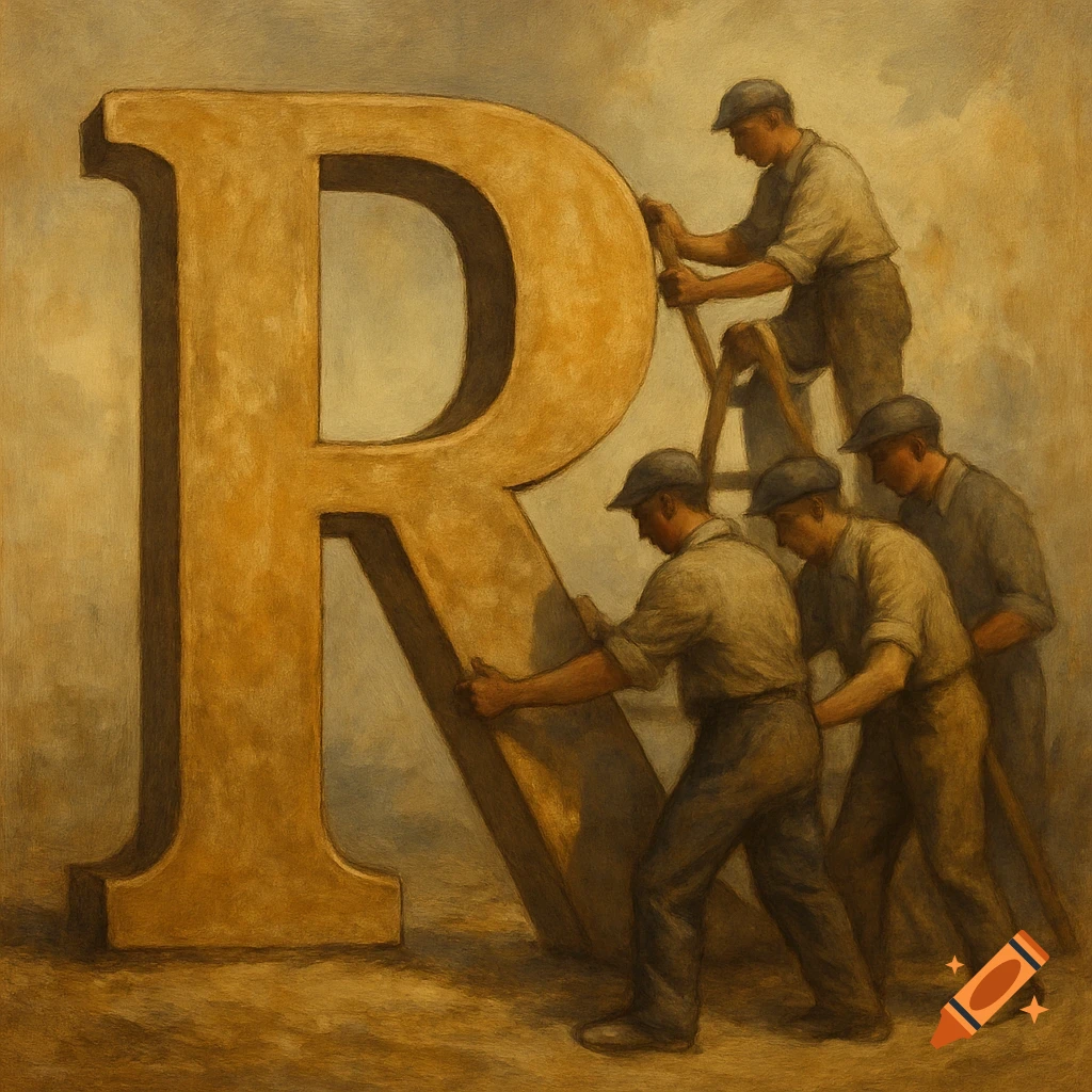 Large golden letter R is being pushed and climbed on by several men in period clothing, in a style resembling an oil painting.