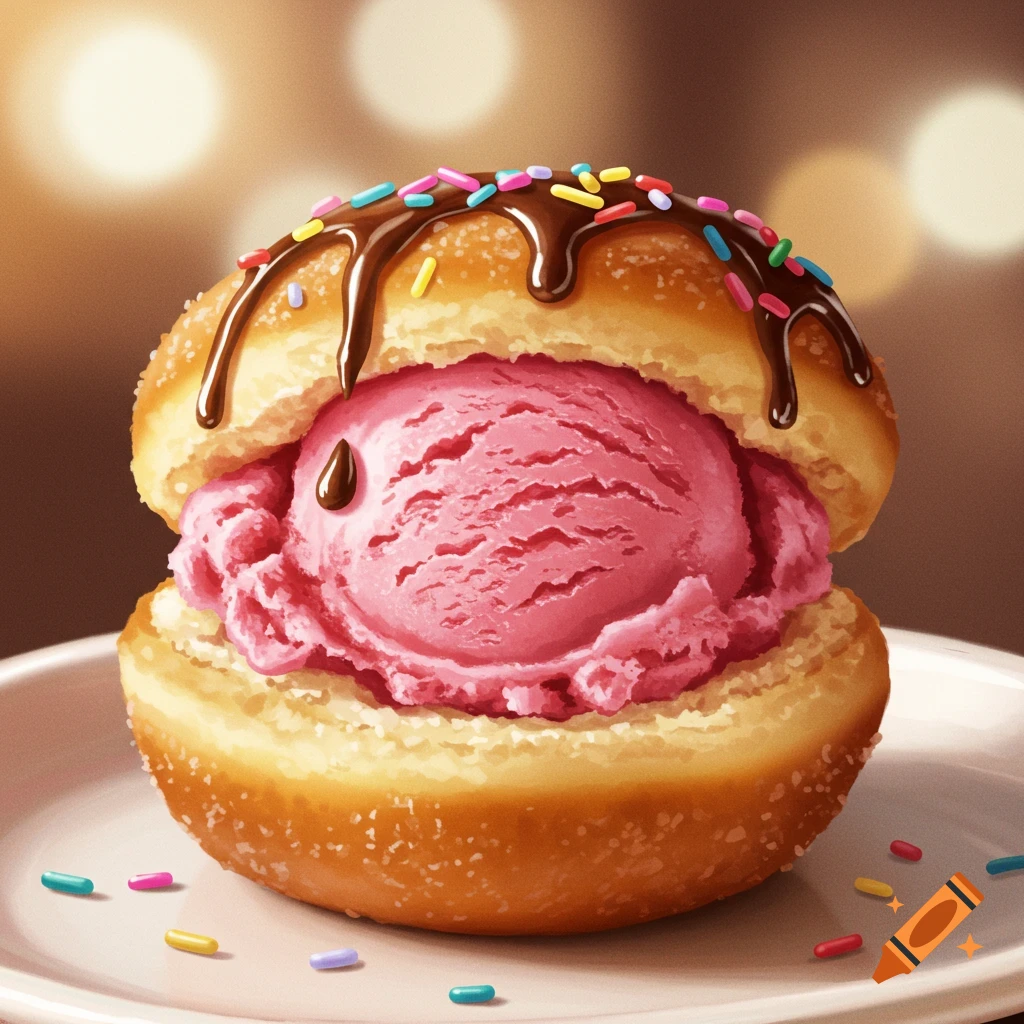 Pink ice cream scoop in sugared doughnut hole with chocolate and sprinkles on a plate.