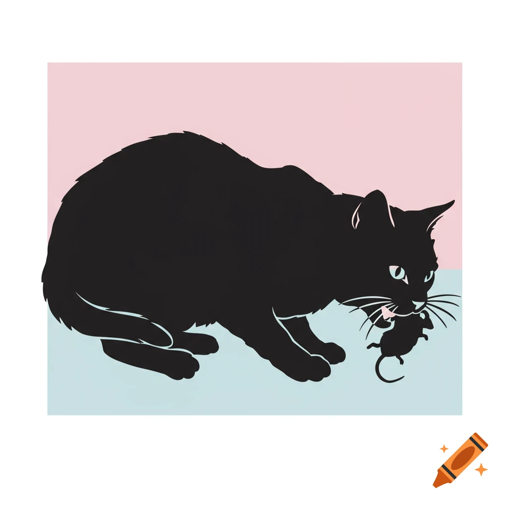 Black cat silhouette holding a white mouse in its mouth against a split pink and blue background.