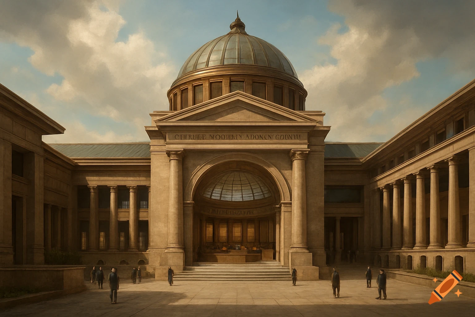 Grand classical building with a dome and pillars, people standing outside.
