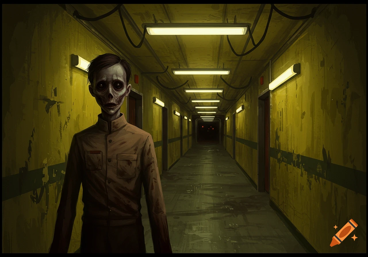 A creepy, gaunt figure with hollow eyes stands in a long, dark hallway ...