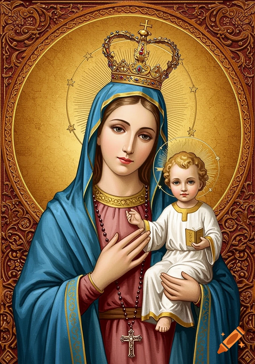 Religious icon painting of Mary wearing a crown and blue robe holding baby Jesus with halos on a gold background.