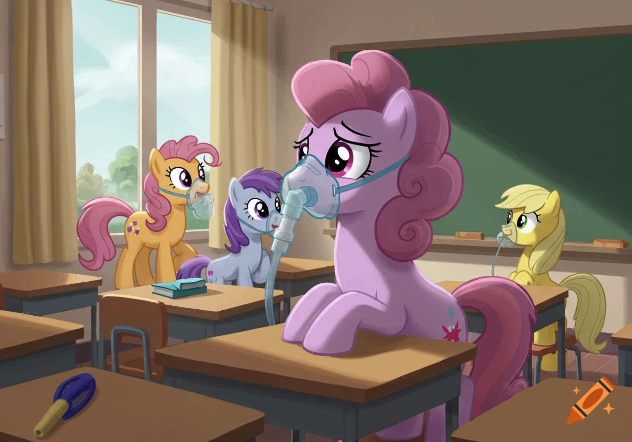 Cartoon ponies wearing oxygen masks sit at desks in a classroom.