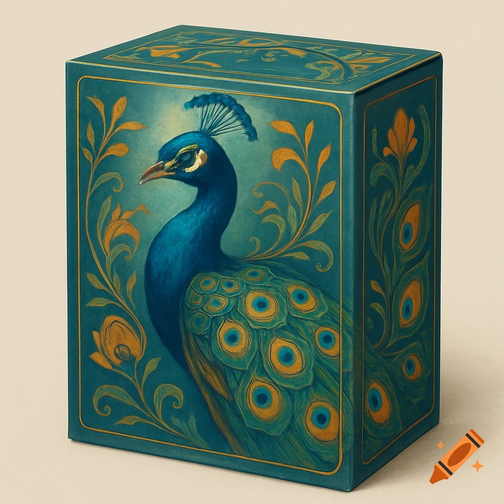 Box with a decorative peacock design
