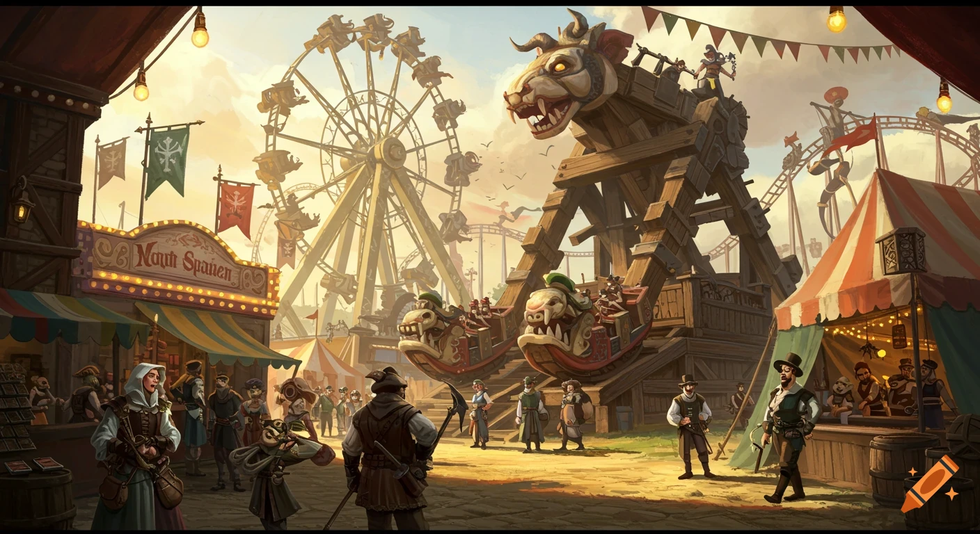 A vibrant fantasy medieval fair with a Ferris wheel, a large dragon ride, tents, and people milling about.