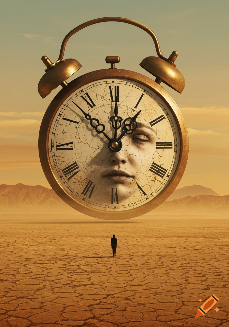 A giant clock with a face on its cracked surface floats above a barren desert with a small figure walking away. Surreal style.