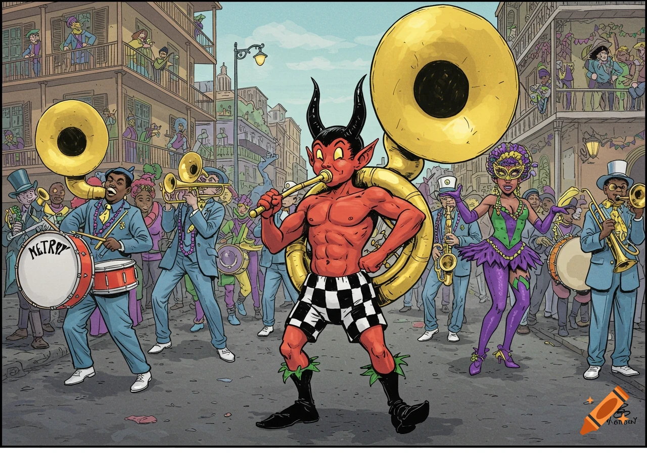 Cartoon illustration of a devil character playing a sousaphone leading a Mardi Gras parade with musicians and dancers.