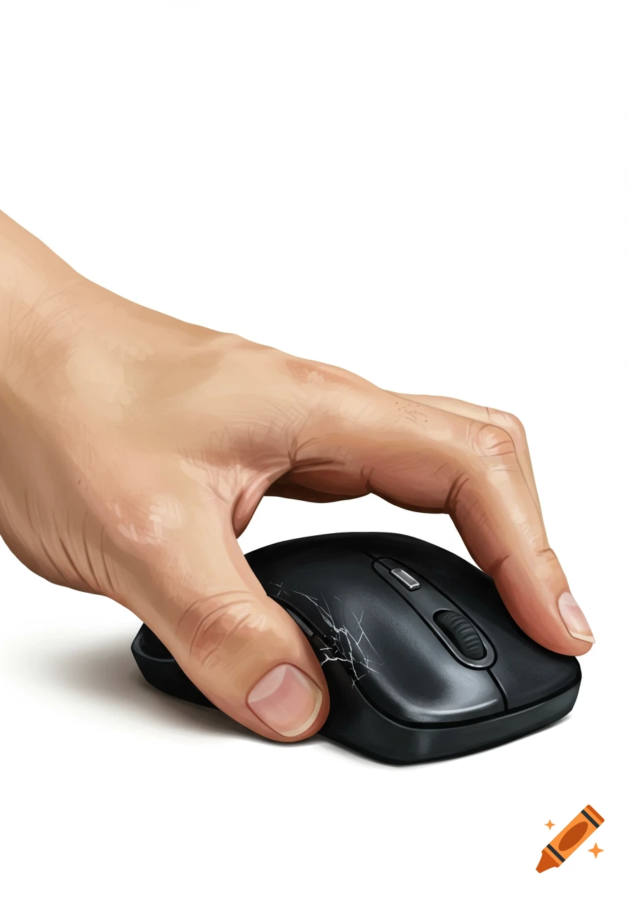 Digital illustration of a hand holding and damaging a computer mouse.