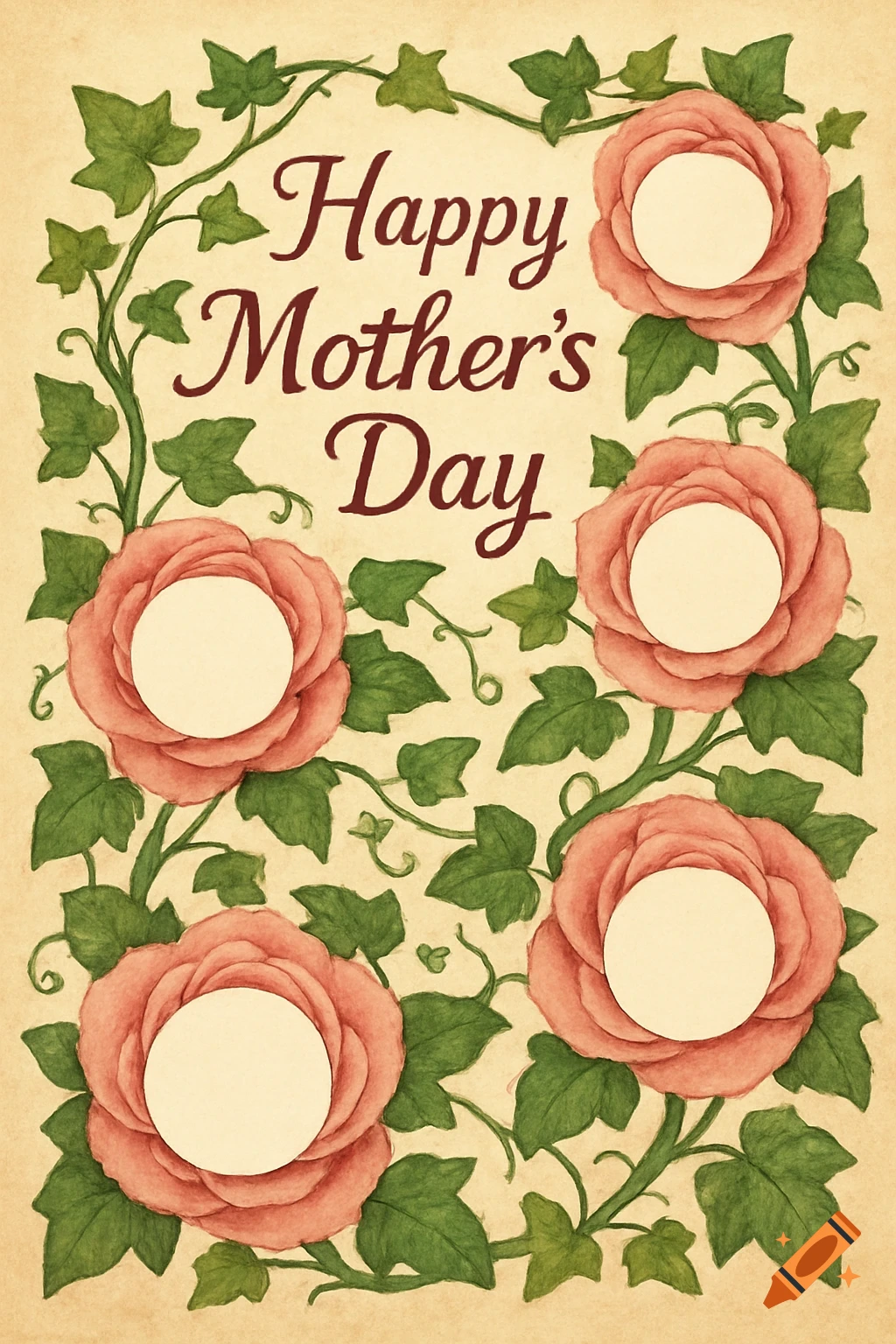 Watercolor illustration of ivy framing "Happy Mother's Day" text, with five roses containing circular spaces for names.