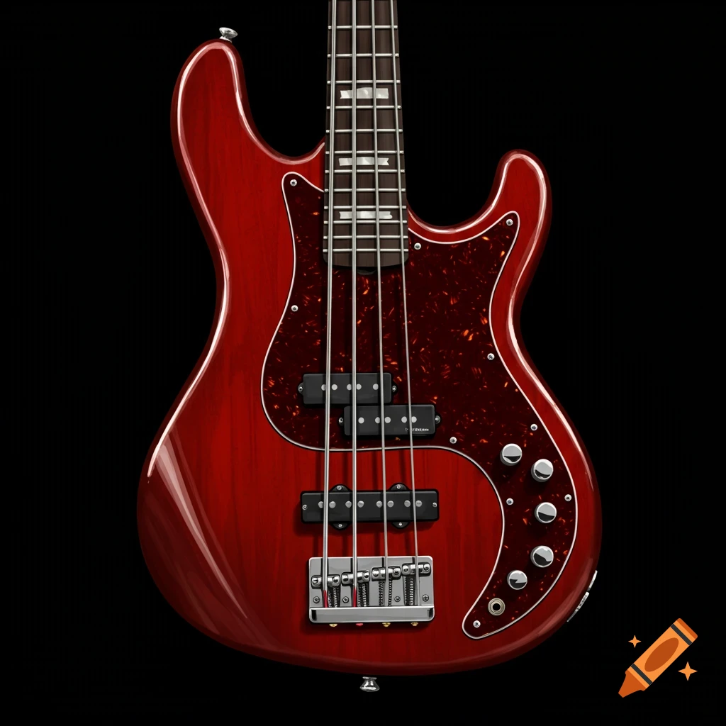 A close-up studio shot of a red bass guitar on a black background.