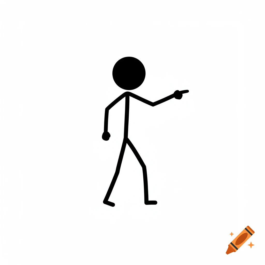 A black stick figure stands pointing to the right on a white background.