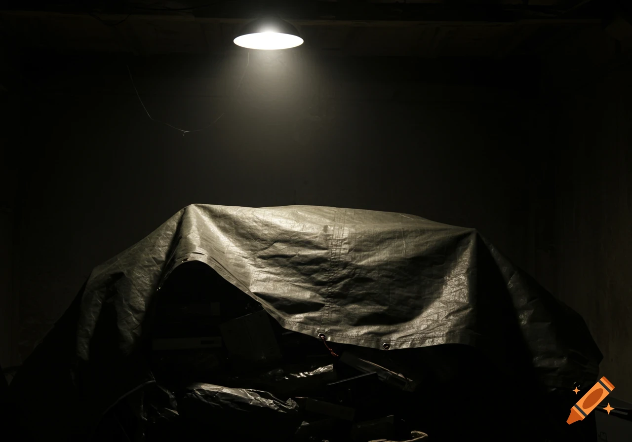 Large object covered by a dark tarp under a bright light in a dark room.