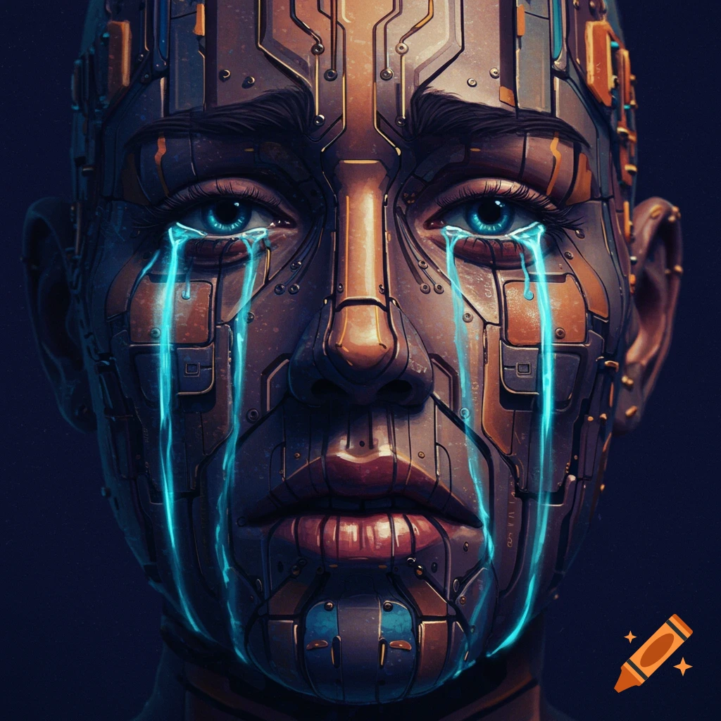 Close-up portrait of a crying face made of circuitry with glowing blue tears.