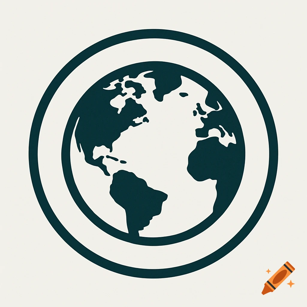 A dark green globe icon within a white double circle.