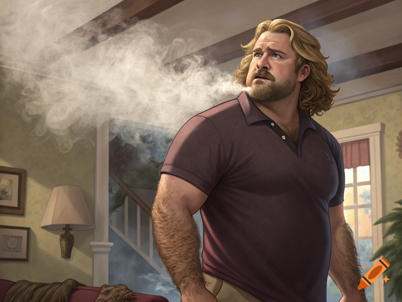 Illustration of a muscular man with blonde hair and beard exhaling smoke in a living room.