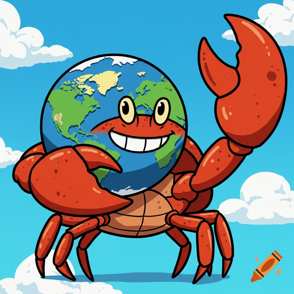 A cartoon crab holds the world with its pincers under a blue sky with clouds.