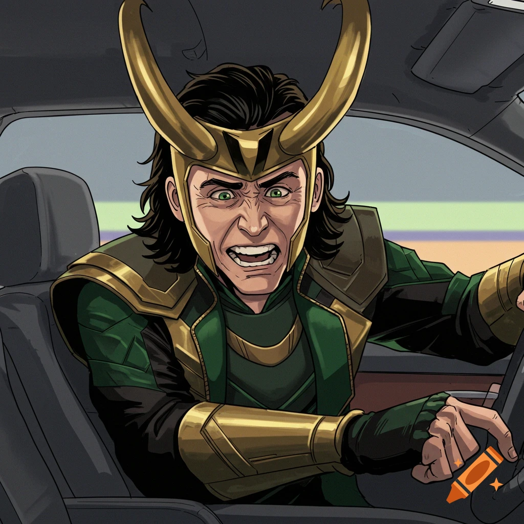 Illustration of Marvel's Loki looking frustrated while driving a car.