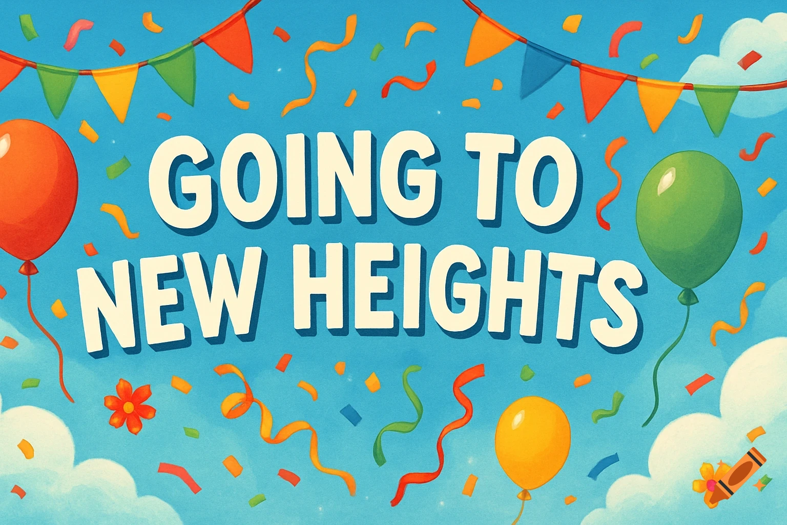 A banner with the text "GOING TO NEW HEIGHTS" surrounded by balloons, confetti, and bunting against a blue sky.