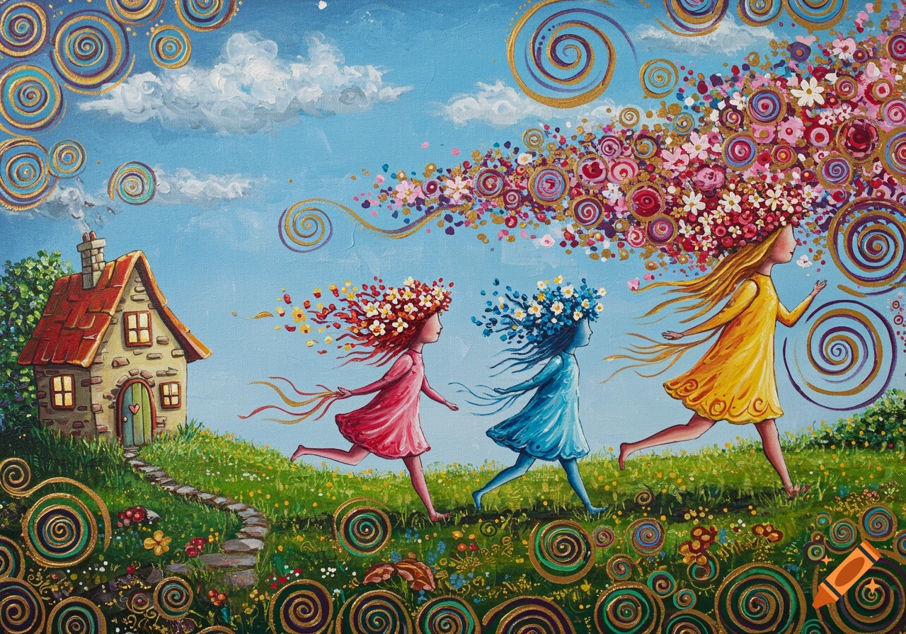 Painting of three abstract girls running past a cottage with swirling flowers and gold accents.