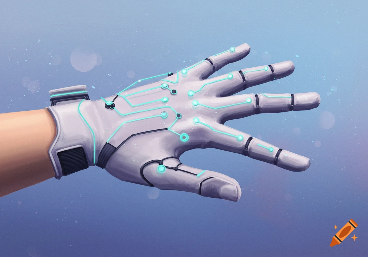 A hand wearing a futuristic white sensor glove with glowing blue circuit patterns against a blue background.