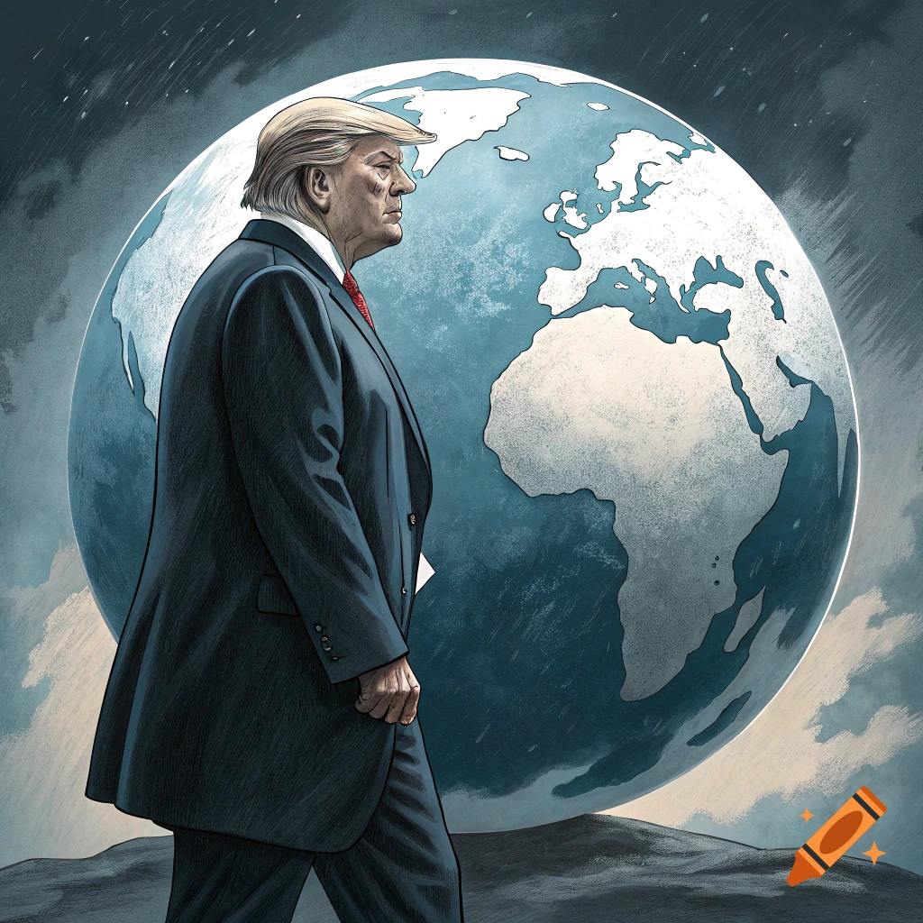 Donald Trump stands in a suit in front of the Earth.