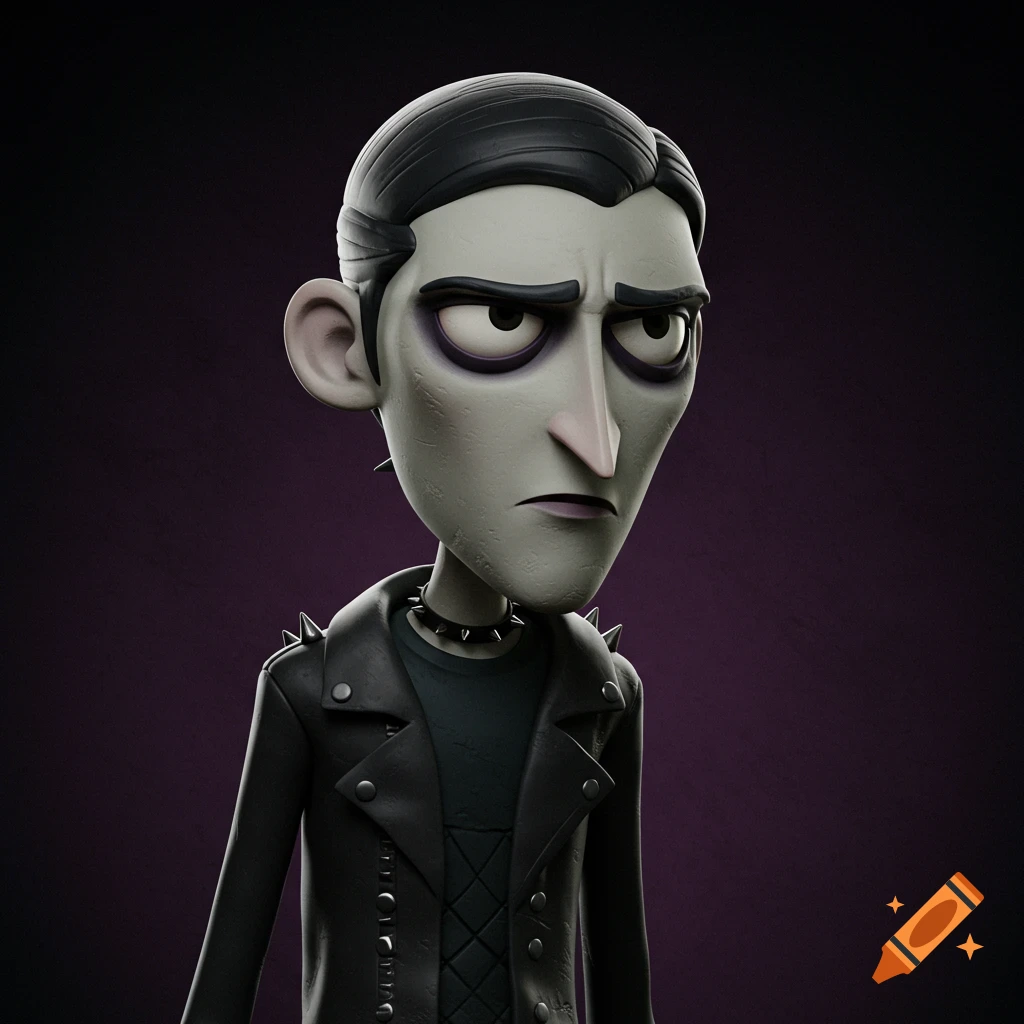 A gloomy claymation character with black hair, pale skin, and a black leather jacket.