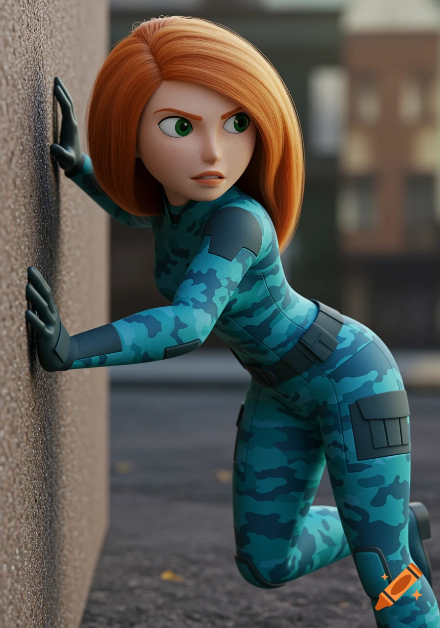 Animated character resembling Kim Possible in blue camo suit leaning against a wall